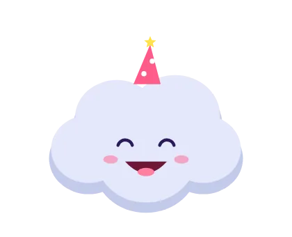 Grumble Cloud smiling in a party hat